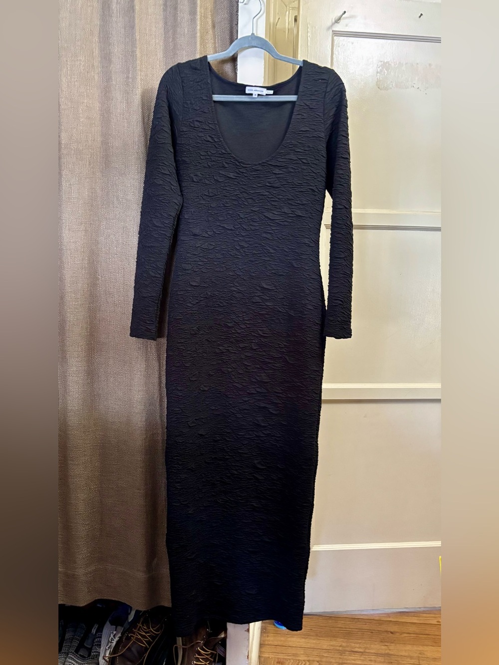 Good American Black Textured Long Sleeve Bodycon Dress